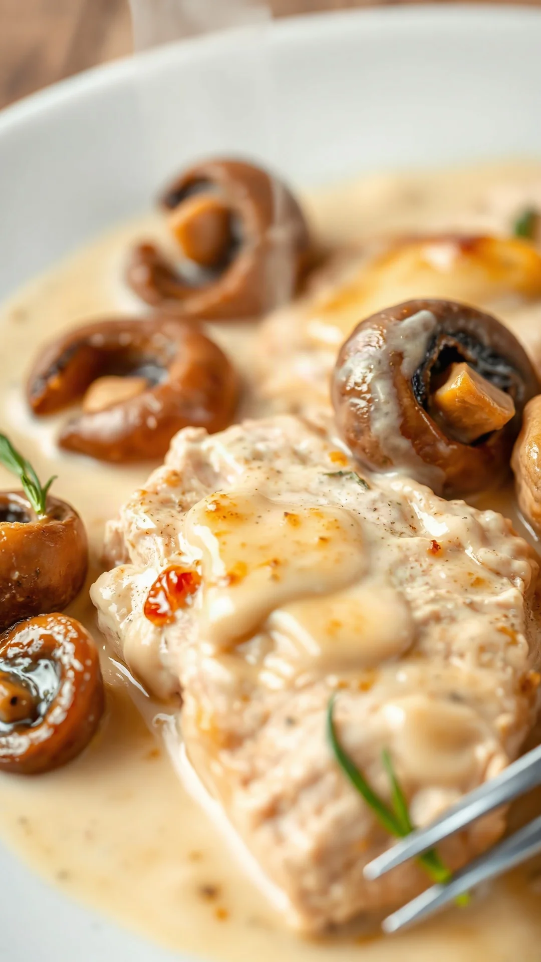 Close-up of French fricassée de poulet, tender chicken in creamy sauce with champignons, macro photography, steam rising, ri