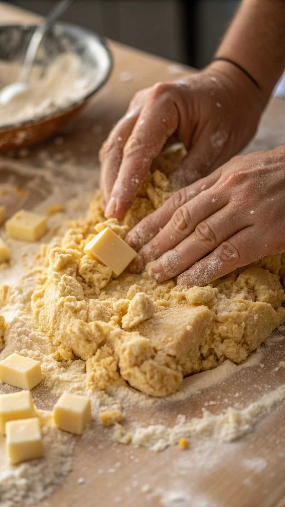 Close-up of hands kneading sweet shortcrust pastry dough, crumbly texture, flour dusted hands, cold butter pieces, artisanal