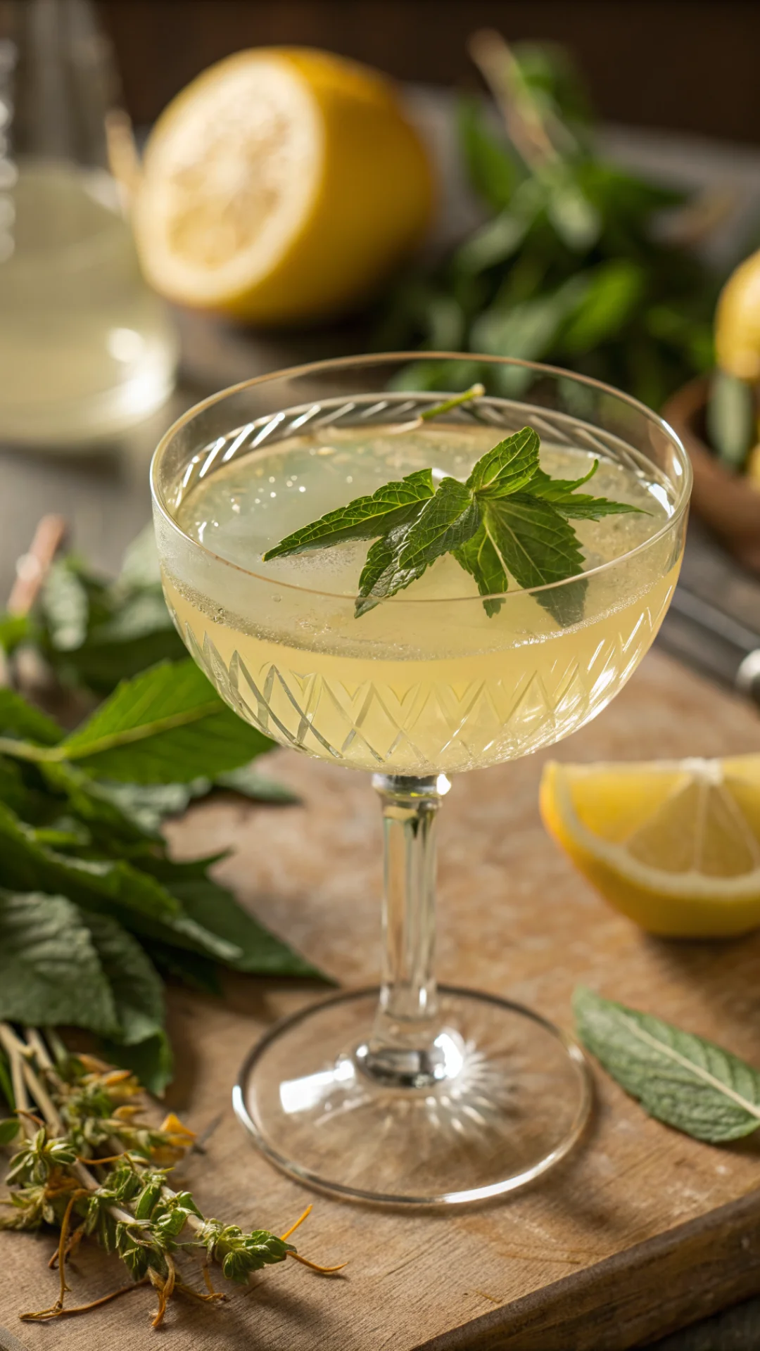 Close-up of pale golden verbena liqueur in crystal glass with fresh verbena leaves and lemon peel garnish, macro photography,
