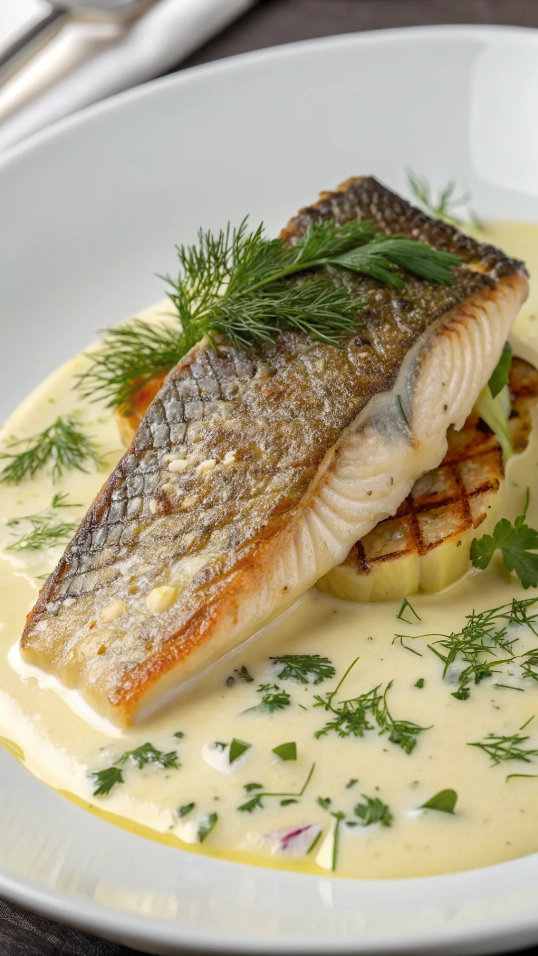 Close-up of perfectly cooked sea bass fillet with golden skin, creamy beurre blanc sauce drizzled around, fresh dill and cher