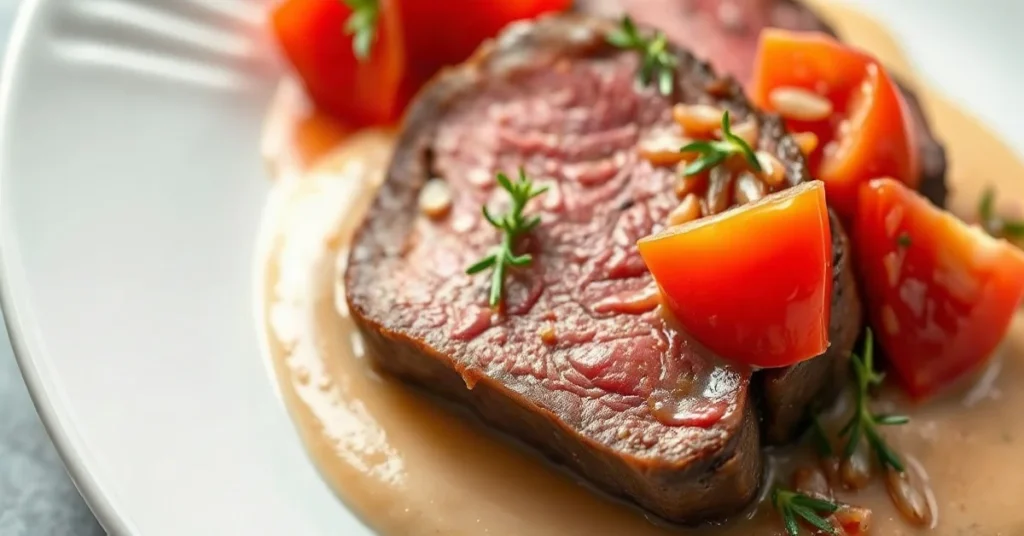 Close-up of sliced beef tongue with vibrant red tomato and cornichon sauce, garnished with fresh thyme, creamy presentation o