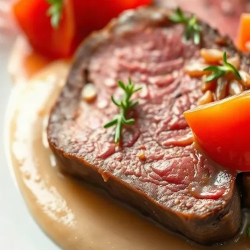 Close-up of sliced beef tongue with vibrant red tomato and cornichon sauce, garnished with fresh thyme, creamy presentation o