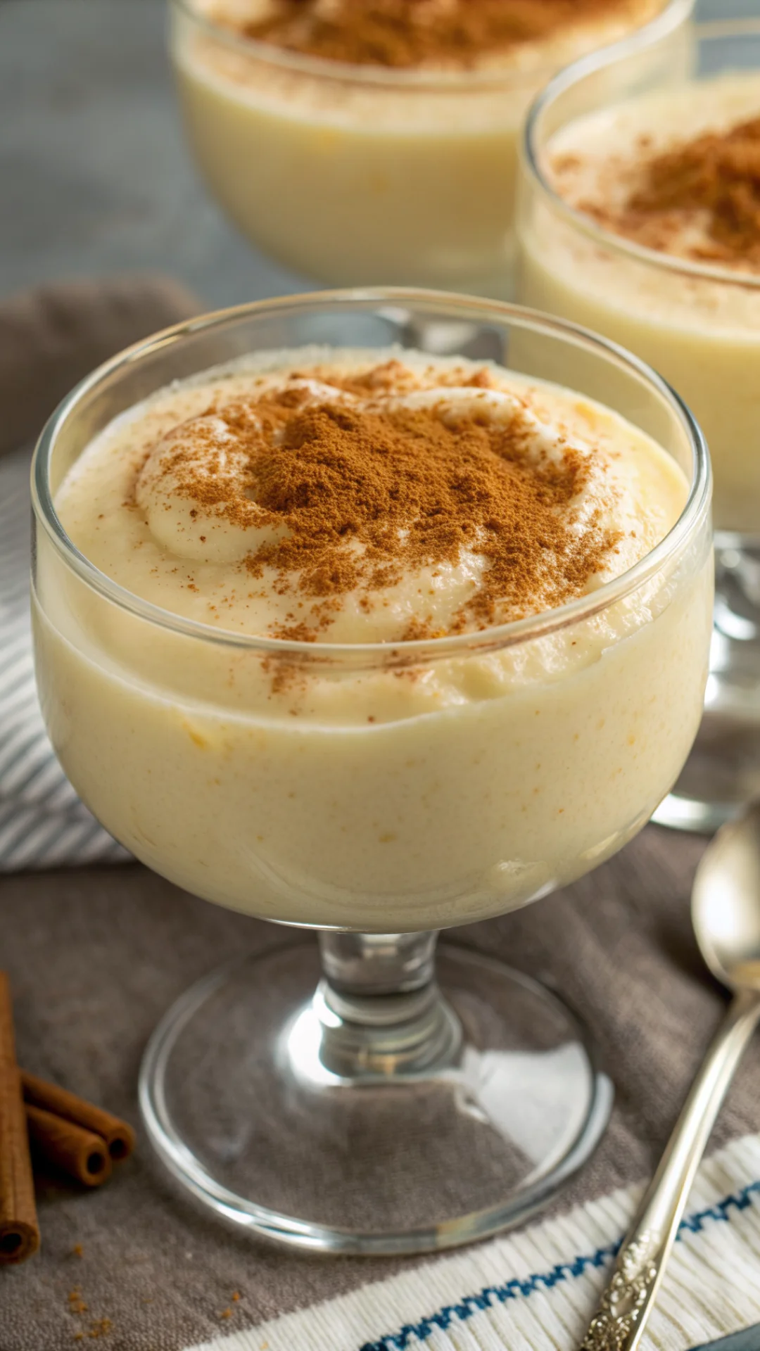 Close-up of smooth creamy rice pudding in glass, golden vanilla flavor, garnished with cinnamon powder, gourmet dessert macro