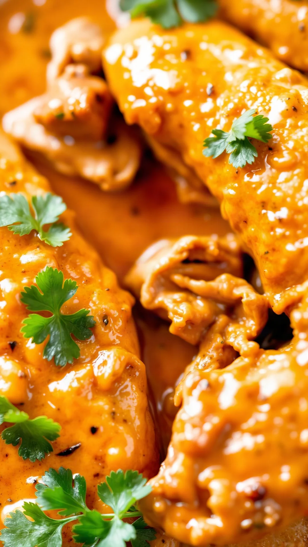 Close-up of tagine chicken with tender meat, vibrant golden sauce, fresh coriander, aromatic spices visible, steaming hot, tr