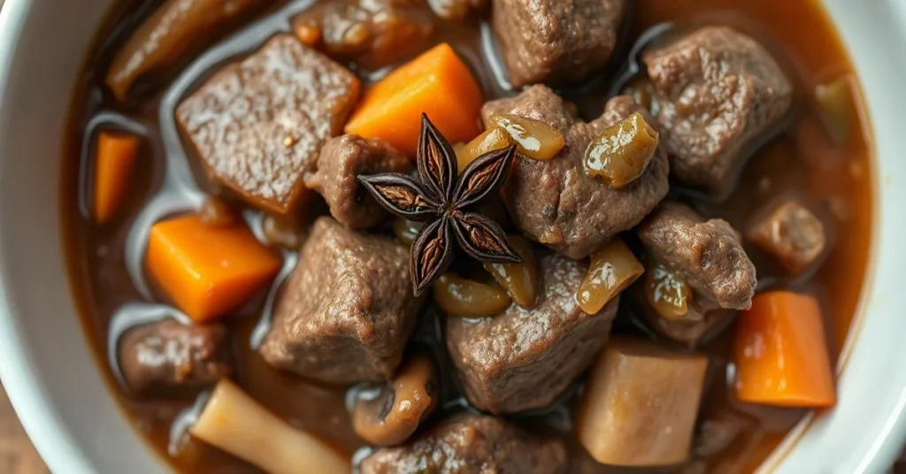 Close-up of tender Asian-style braised beef stew in rich brown sauce with mushrooms, carrots, and onions, garnished with star