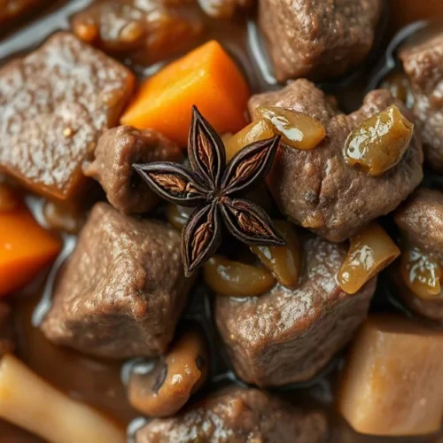 Close-up of tender Asian-style braised beef stew in rich brown sauce with mushrooms, carrots, and onions, garnished with star