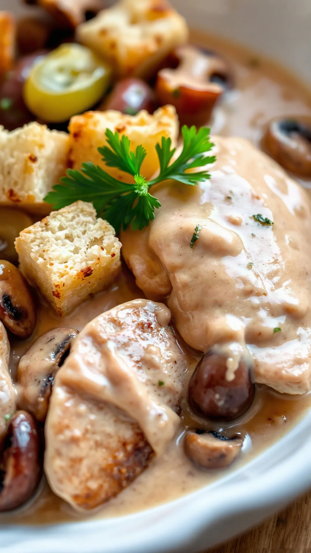 Close-up of tender chicken pieces coated in rich creamy sauce with fresh grapes and sautéed mushrooms, garnished with golden
