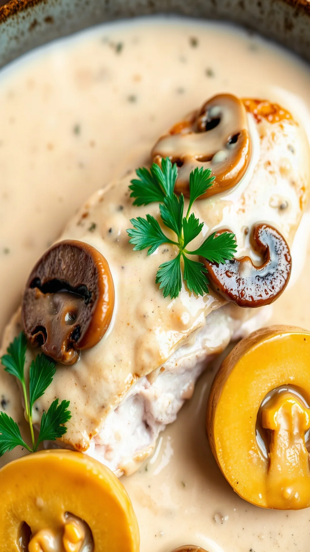Close-up overhead shot creamy mushroom sauce coating tender chicken escalope, fresh parsley garnish, golden champignons mushr