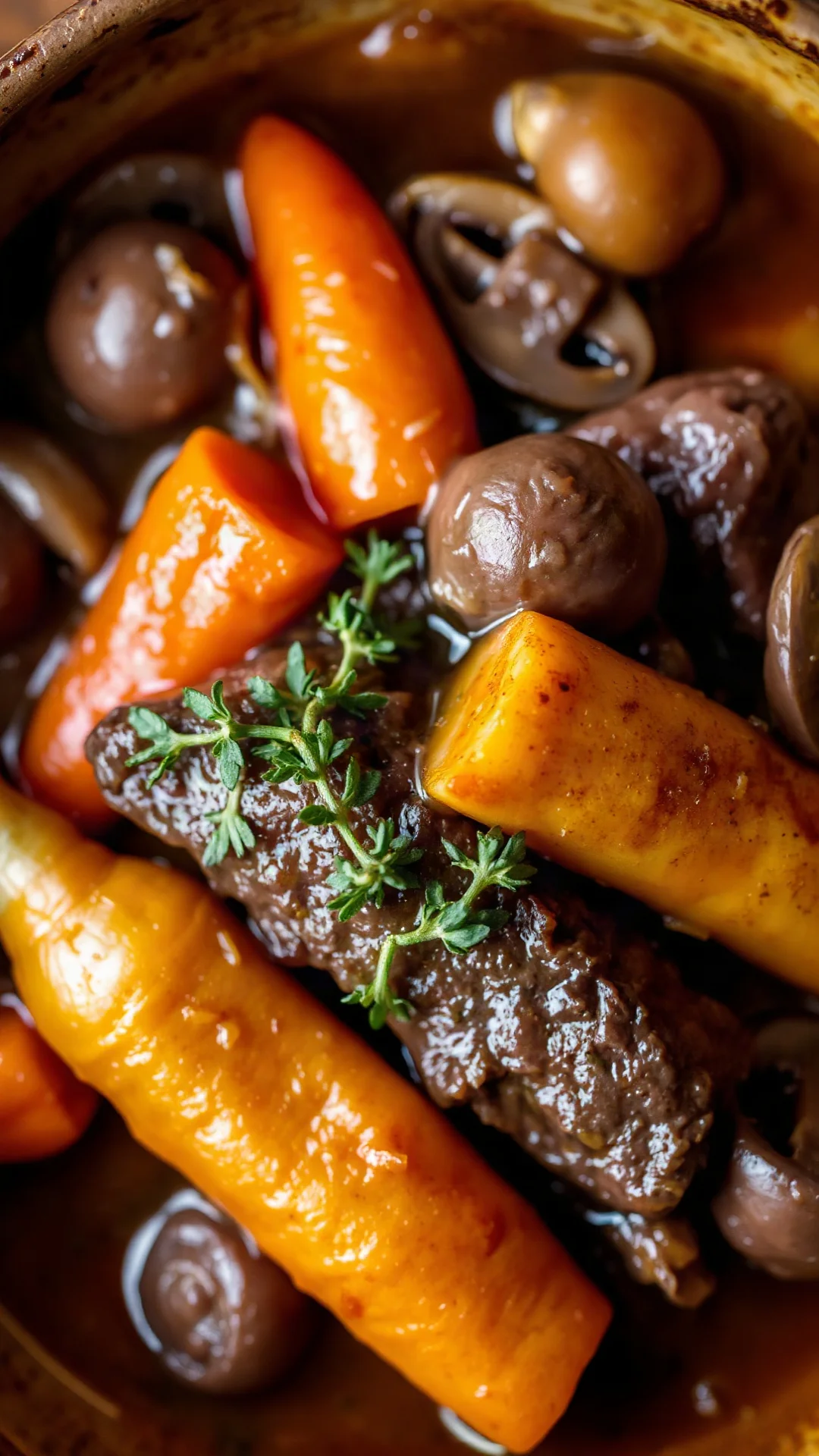 Close-up overhead shot of beef bourguignon with carrots, mushrooms, pearl onions in glossy rich sauce, rustic ceramic dish, s