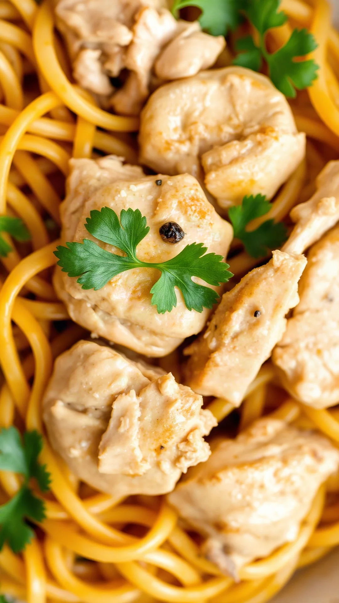 Close-up overhead shot of fideuà with tender chicken pieces, saffron-infused noodles, crispy golden edges, fresh parsley gar