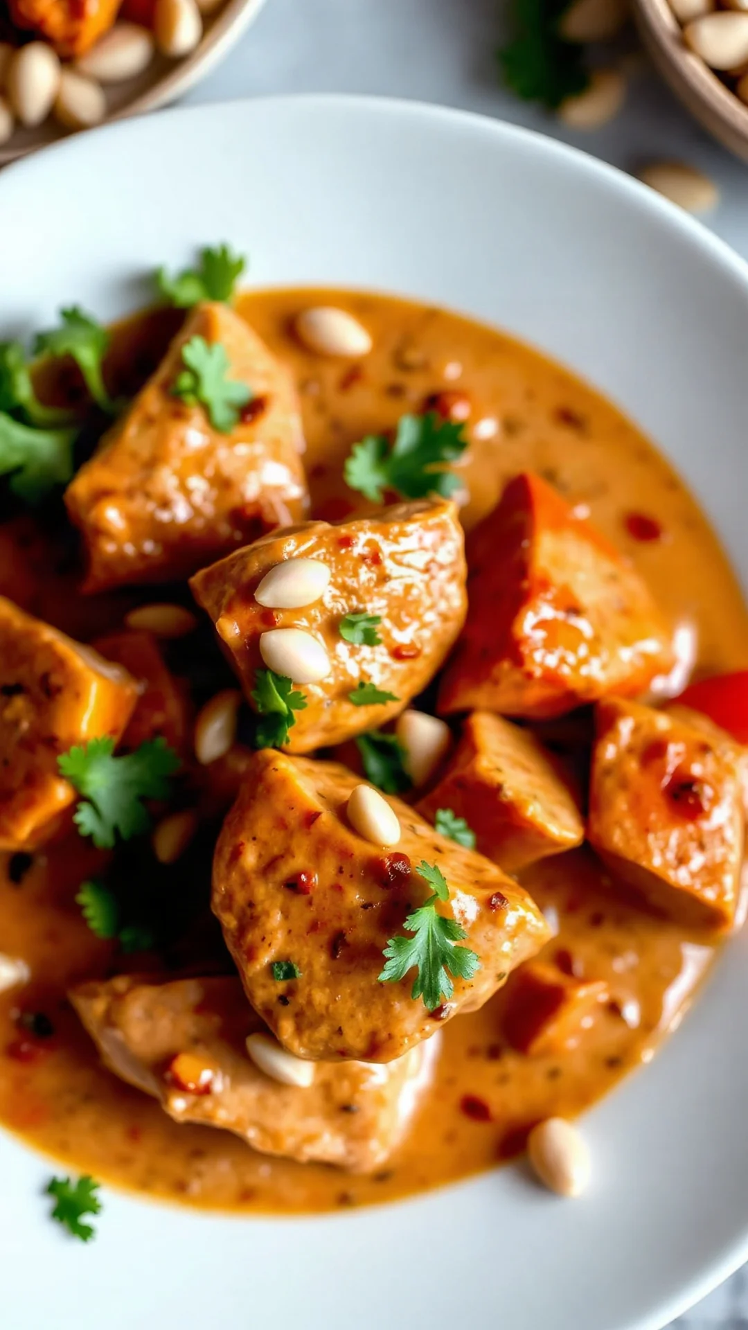 Close-up overhead view of creamy tahini chicken in rich sauce, golden tender chicken pieces, fresh green parsley, pine nuts s