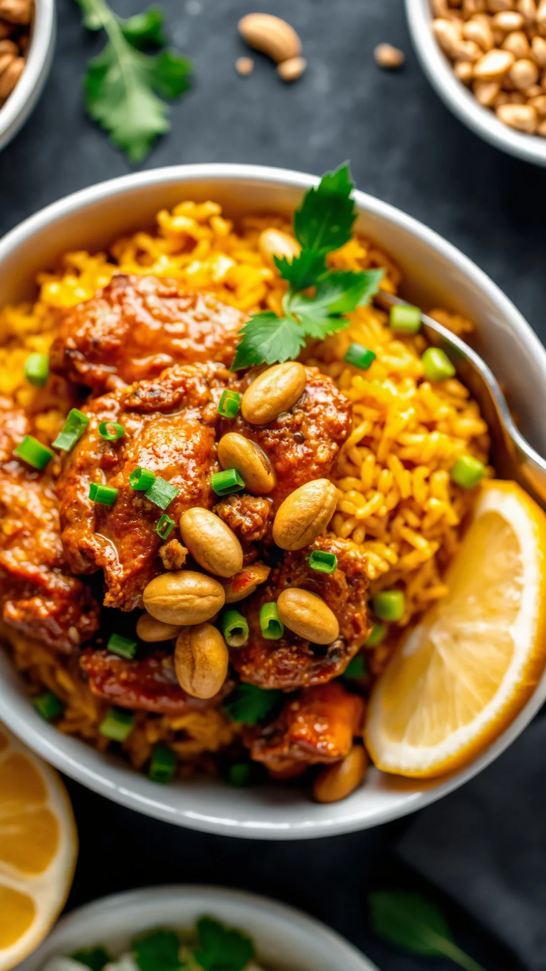 Close-up overhead view of steaming nasi goreng poulet in white bowl, garnished with roasted peanuts, fresh herbs, vibrant col
