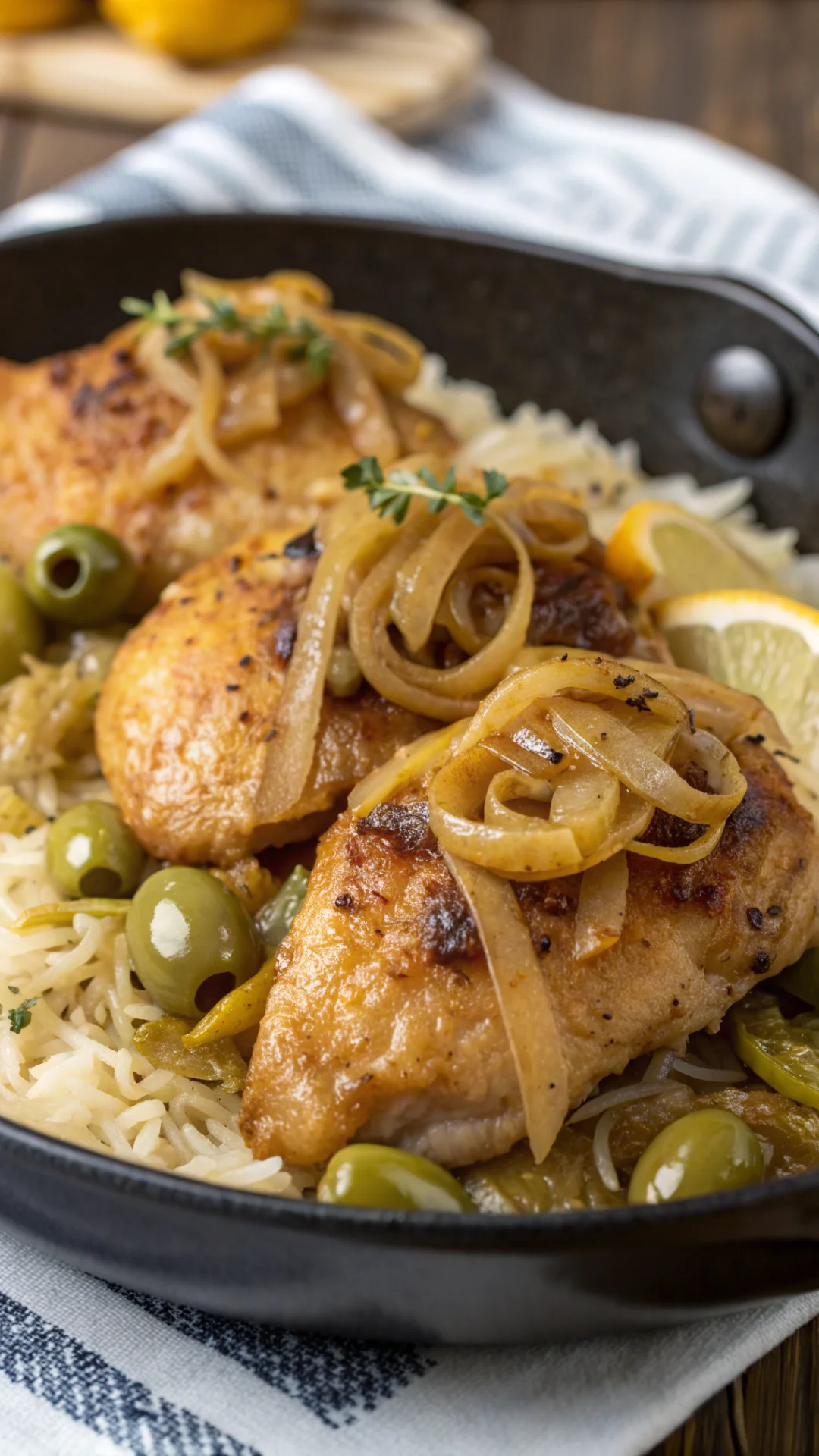 Close-up tender chicken yassa with golden crispy poulet pieces, caramelized onion ribbons, glossy lemon sauce, green olives,