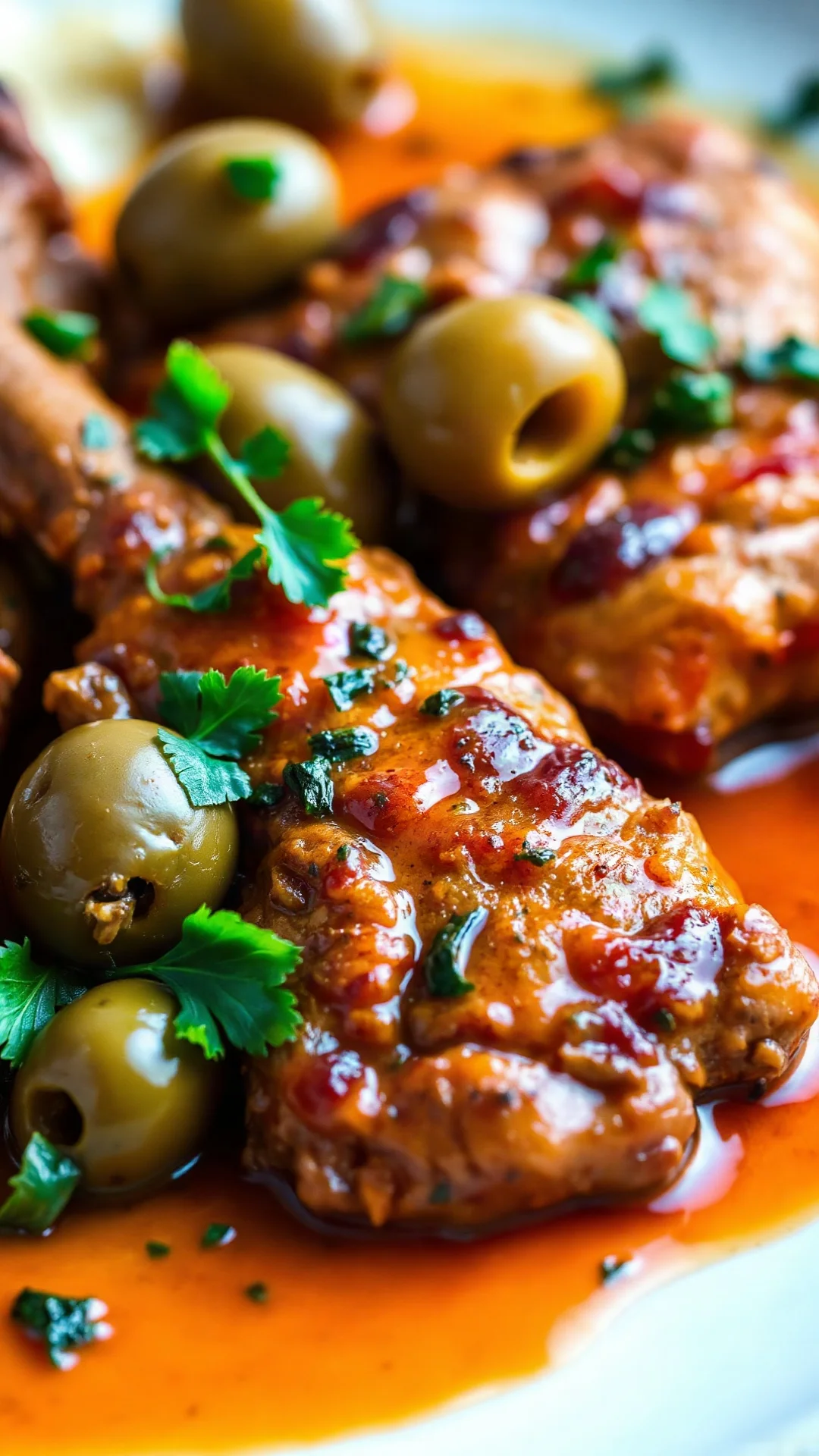 Close-up Tunisian chicken with green olives, tender meat, savory sauce, fresh herbs garnish, shallow depth of field, warm Med