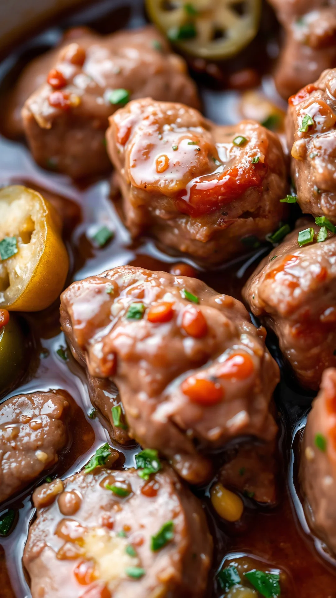 Close-up vertical shot of beef mironton with gherkins, showing tender meat chunks in glossy sauce with visible cornichons and