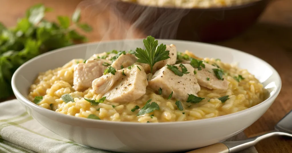 Creamy chicken risotto landscape photo, golden arborio rice with tender chicken pieces, fresh parsley garnish, steaming hot I