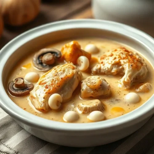 Creamy French fricassée de poulet in elegant ceramic bowl, golden chicken pieces swimming in rich sauce, fresh mushrooms and