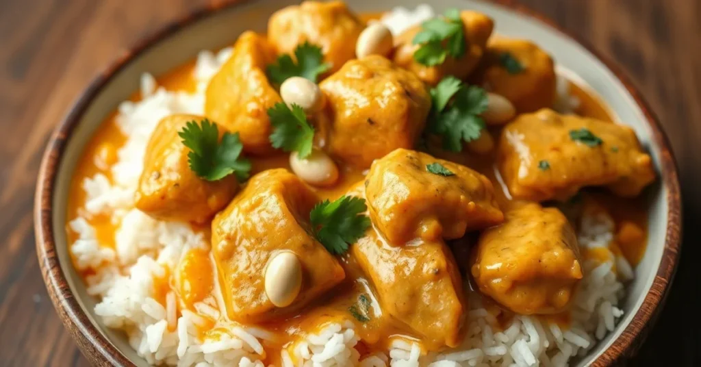 Creamy peanut butter chicken with coconut milk sauce, tender chicken pieces in rich golden-brown sauce, garnished with cilant