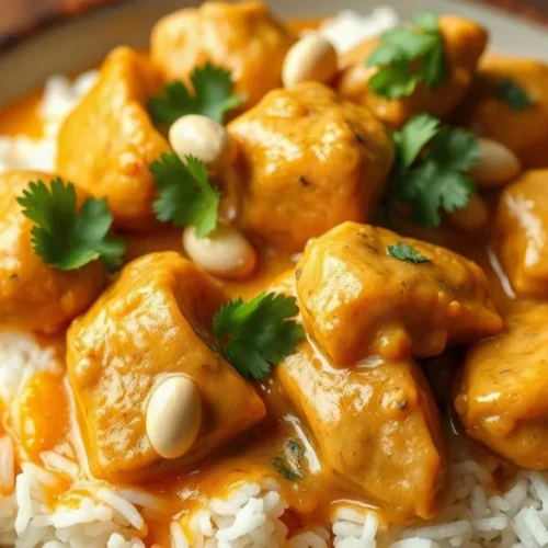Creamy peanut butter chicken with coconut milk sauce, tender chicken pieces in rich golden-brown sauce, garnished with cilant