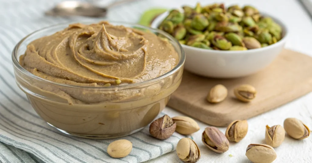 Creamy pistachio spread in glass bowl, smooth texture with nutty brown color, fresh pistachios scattered beside, professional