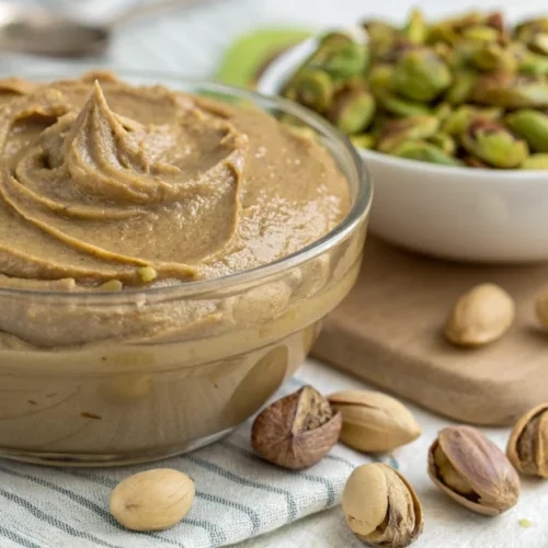 Creamy pistachio spread in glass bowl, smooth texture with nutty brown color, fresh pistachios scattered beside, professional