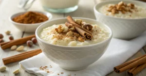 Creamy rice pudding in white bowl garnished with cinnamon and nuts, warm comfort dessert food photography, soft natural light