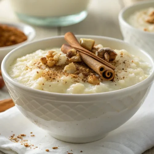 Creamy rice pudding in white bowl garnished with cinnamon and nuts, warm comfort dessert food photography, soft natural light