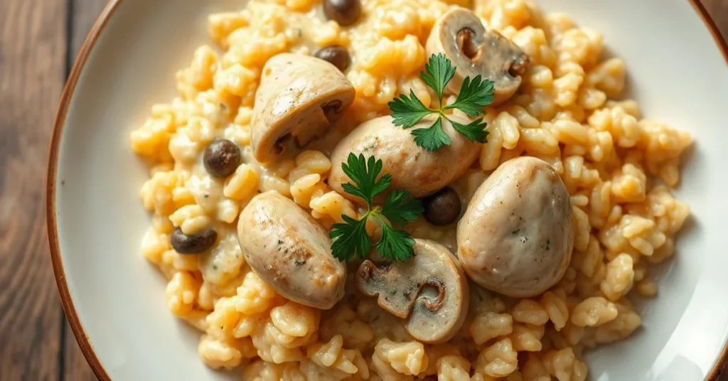 Creamy risotto with chicken and mushrooms, golden rice, fresh parsley garnish, Italian comfort food, gourmet plating, warm li