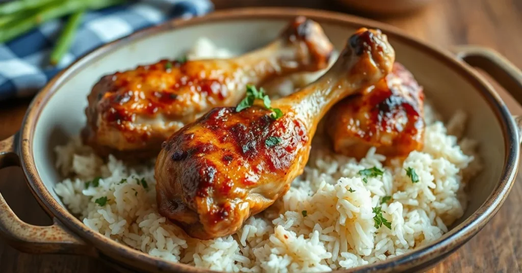 Delicious chicken drumsticks with rice in rustic serving dish, golden brown poultry, fluffy white rice, fresh herbs garnish,