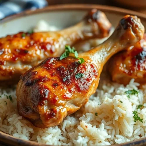 Delicious chicken drumsticks with rice in rustic serving dish, golden brown poultry, fluffy white rice, fresh herbs garnish,