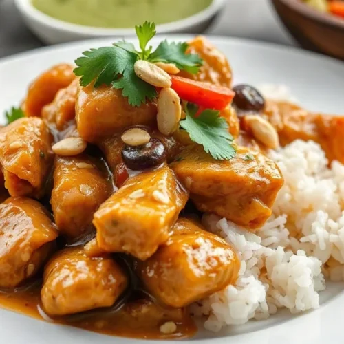 Delicious chicken peanut sauce dish served on white plate with rice, topped with crushed peanuts and fresh cilantro, authenti