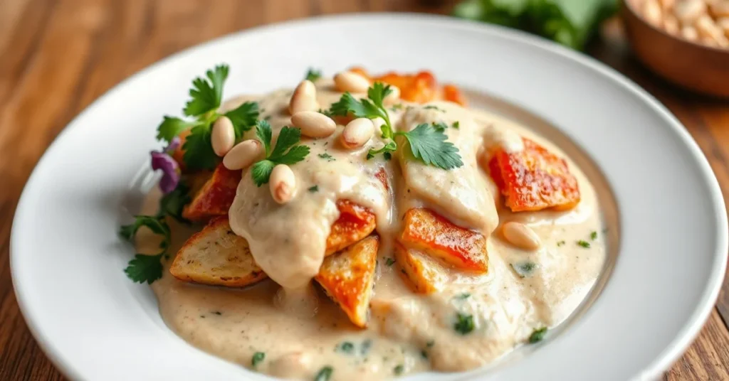 Delicious creamy chicken with tahini sauce, fresh parsley garnish, pine nuts, served on white plate, vibrant colors, appetizi