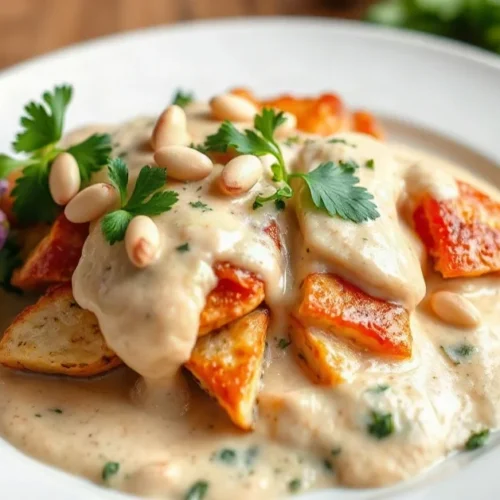 Delicious creamy chicken with tahini sauce, fresh parsley garnish, pine nuts, served on white plate, vibrant colors, appetizi