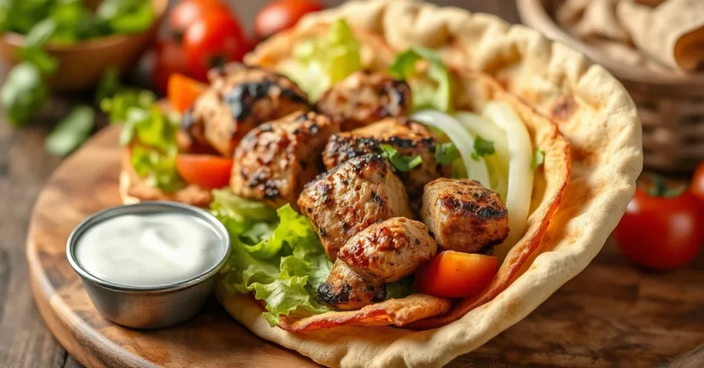 Delicious homemade chicken kebab with grilled meat, fresh lettuce, tomatoes, served in warm pita bread with white sauce, vibr