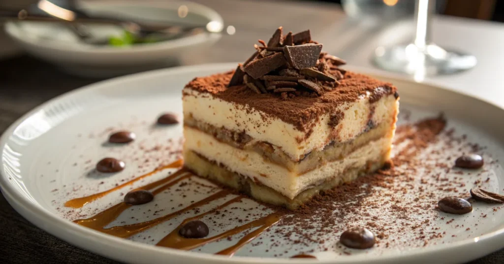Delicious homemade tiramisu dessert with cocoa powder topping and chocolate shavings, elegant plating, professional food phot