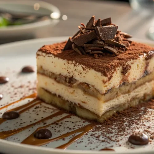 Delicious homemade tiramisu dessert with cocoa powder topping and chocolate shavings, elegant plating, professional food phot