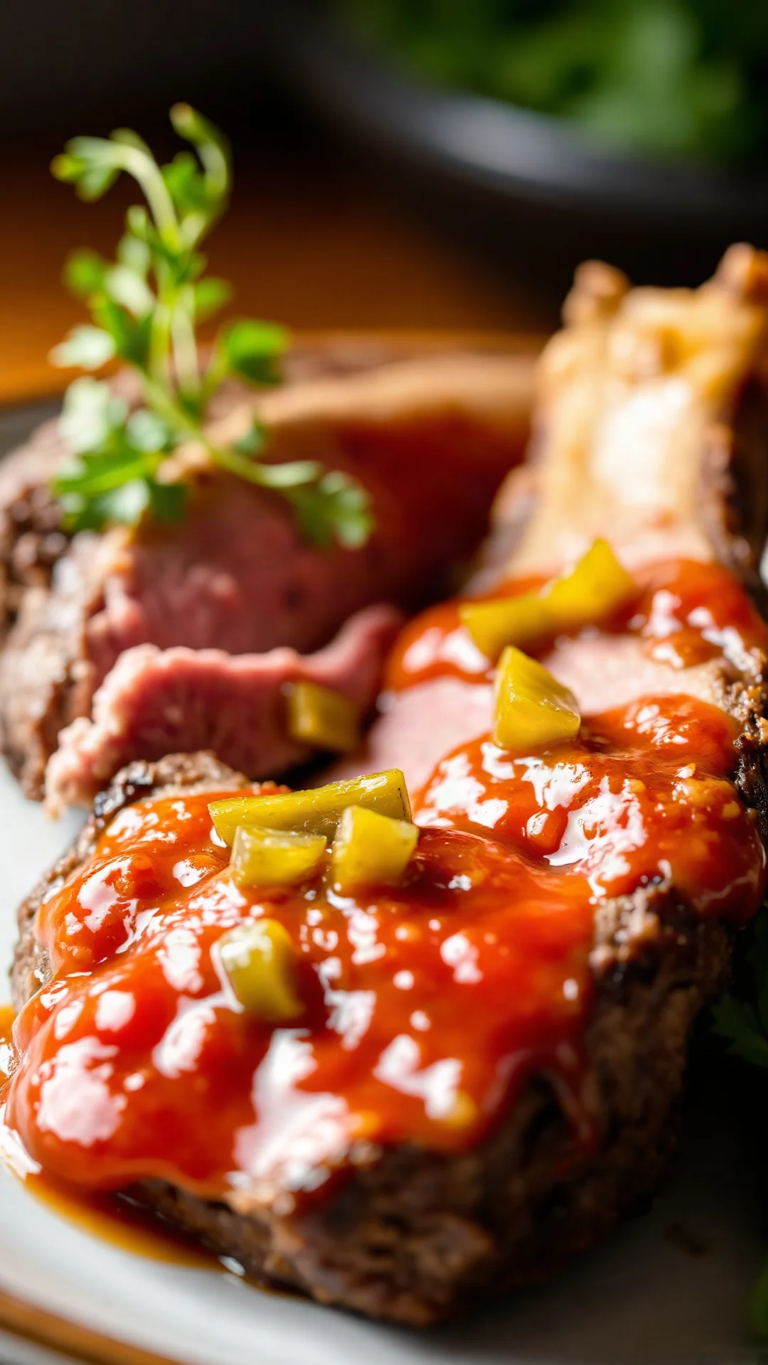 Extreme close-up of tender beef tongue slice with rich tomato cornichon sauce, garnished with green pickles, warm lighting, p
