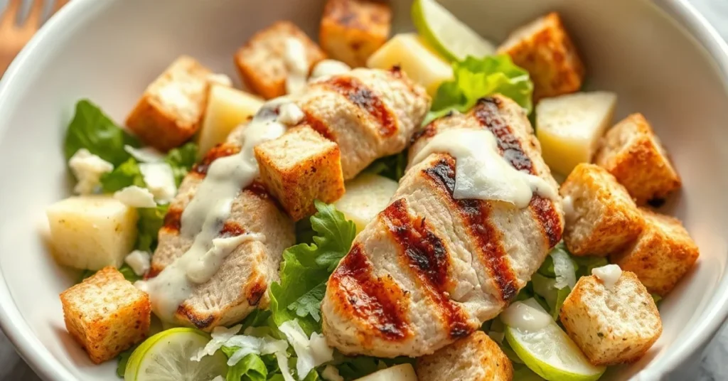 Fresh Caesar salad with grilled chicken breast, crispy croutons, shaved Parmesan cheese, and creamy dressing in elegant white