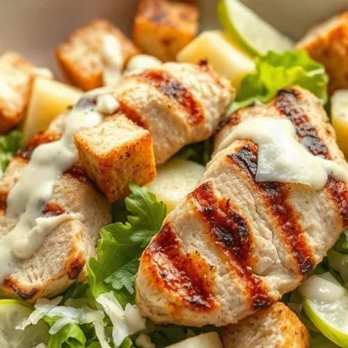 Fresh Caesar salad with grilled chicken breast, crispy croutons, shaved Parmesan cheese, and creamy dressing in elegant white