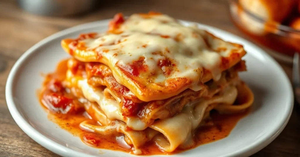 Golden baked lasagna chicken with melted cheese topping, layered pasta, tomato sauce, creamy béchamel, appetizing close-up f