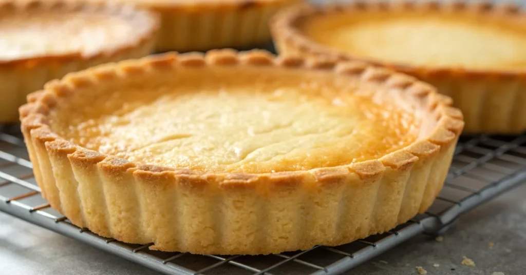 Golden baked shortcrust pastry tart shell, perfectly crimped edges, golden-brown color, professional pastry photography, stud