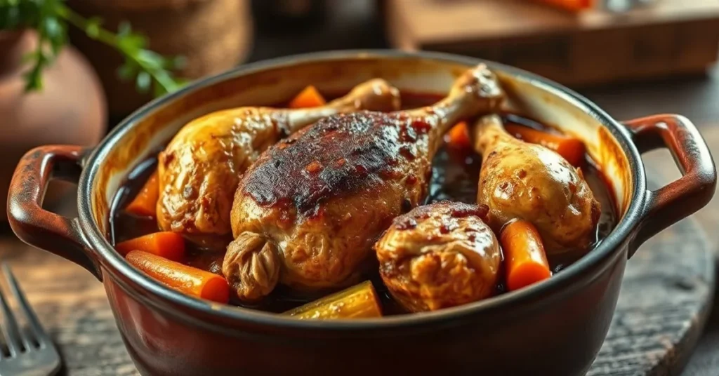 Golden-brown braised chicken in rich sauce with carrots and vegetables in rustic ceramic pot, French countryside kitchen ligh