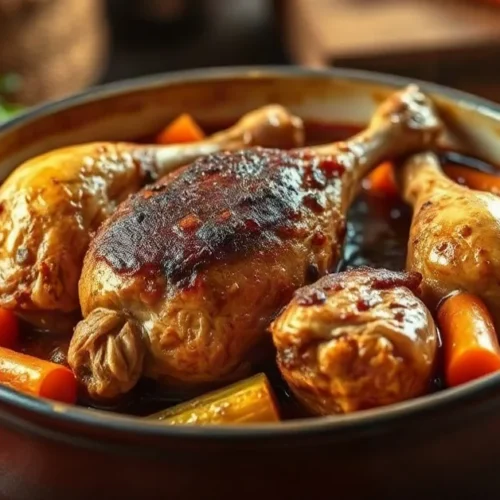 Golden-brown braised chicken in rich sauce with carrots and vegetables in rustic ceramic pot, French countryside kitchen ligh