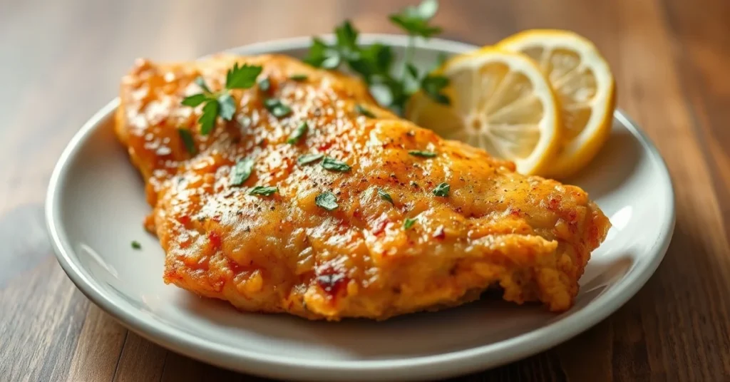 Golden crispy chicken breast from air fryer, garnished with fresh herbs, lemon slices, on white plate, soft studio lighting,