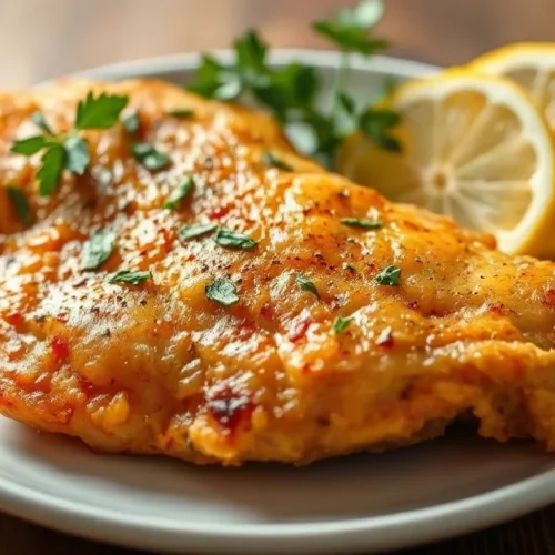 Golden crispy chicken breast from air fryer, garnished with fresh herbs, lemon slices, on white plate, soft studio lighting,