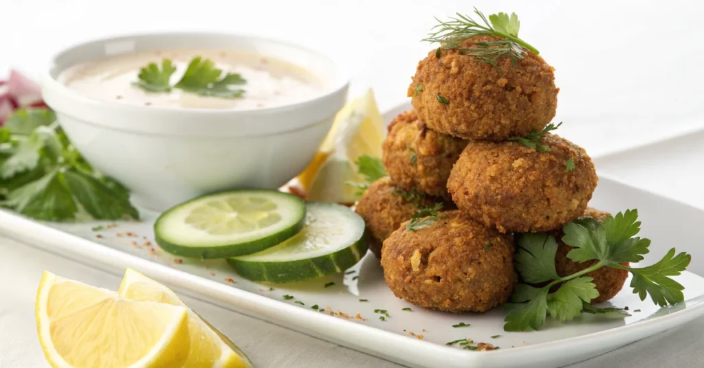 Golden crispy Lebanese falafel balls stacked on white plate with tahini sauce, fresh parsley, lemon wedges, and cucumber slic