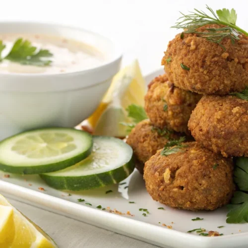 Golden crispy Lebanese falafel balls stacked on white plate with tahini sauce, fresh parsley, lemon wedges, and cucumber slic