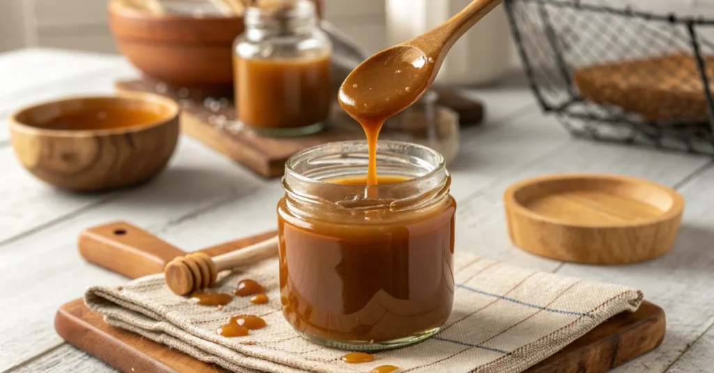 Golden homemade caramel sauce dripping from wooden spoon into glass jar, glossy amber color, professional food photography, w