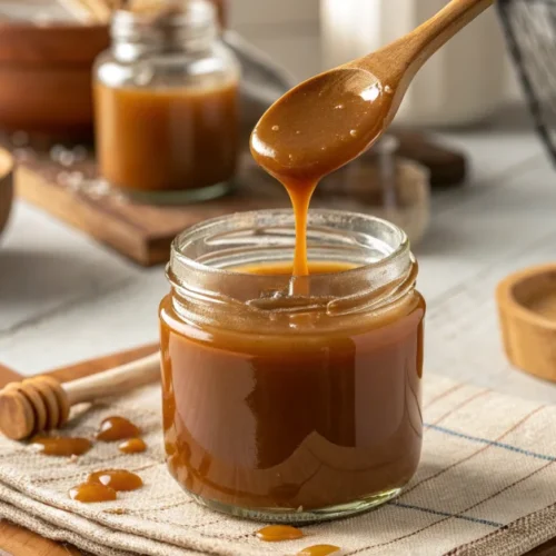 Golden homemade caramel sauce dripping from wooden spoon into glass jar, glossy amber color, professional food photography, w
