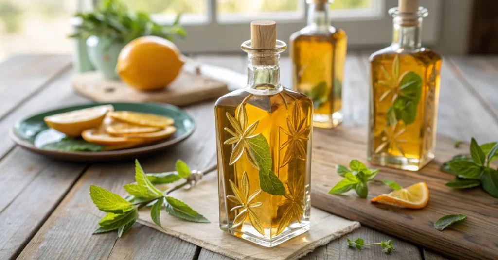 Golden homemade verbena liqueur in elegant glass bottles with fresh green verbena leaves, citrus zests, and soft natural ligh